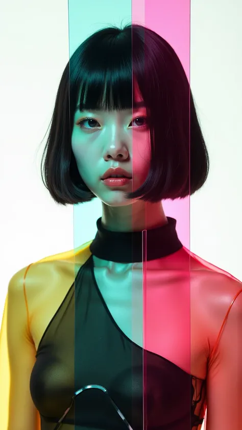 A striking conceptual portrait of a 20-year-old woman with a sleek, jet-black bob hairstyle. Her face is partially concealed by layers of vibrant, semi-transparent acetate sheets in teal, magenta, and yellow, creating a surreal effect. The avant-garde fash...