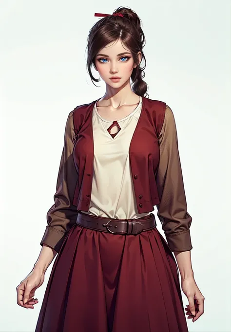 1 Female,High definition,high resolution,Ultra-realistic,8K,german women, brown eyes, Brown long Pony tail, red open Vest, beige shirt, belt,red long skirt