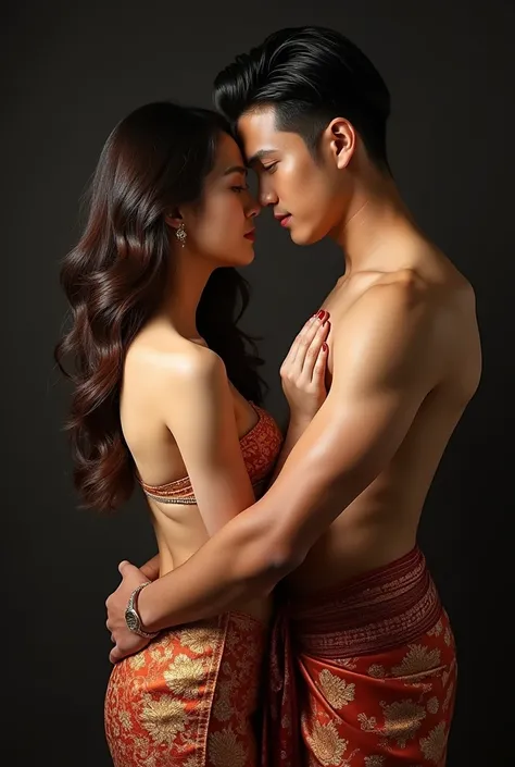 
A couple korean 25 y-o in a stylish photography studio, dressed in traditional yet sensual Thai attire. The woman wears a form-fitting Thai silk sarong (pha sin), rich in gold and red hues, hugging her curves while showcasing intricate patterns. Her long,...