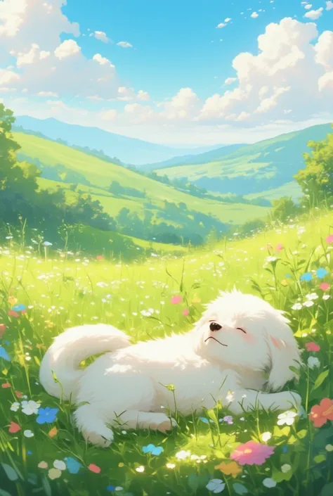 A white puppy is relaxing, lush green meadow filled with colorful wildflowers, a clear blue sky overhead, distant rolling hills, and a gentle breeze rustling the leaves.
