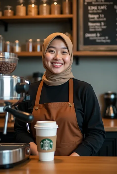 Cheerful barista standing smiling behind coffee machine in delicious coffee making atmosphere. with Starbucks coffee in the foreground. The beautiful Korean woman chubby, fat face, wears a hijab, long-sleeved black t-shirt and brown apron and has a friendl...