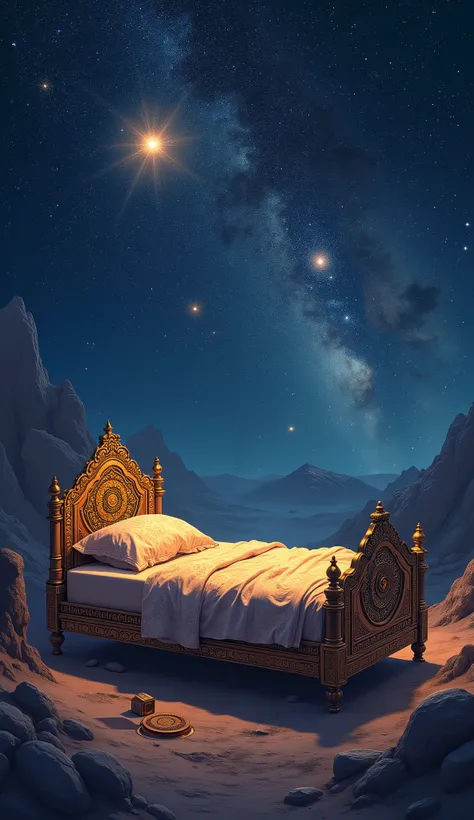 "An astrological scene with the Uthiram Nakshatra symbolized as a traditional bed or cot, intricately designed, set in a cosmic backdrop. The symbol of the bed is placed in the center of the image, surrounded by a vast starry sky filled with glowing conste...