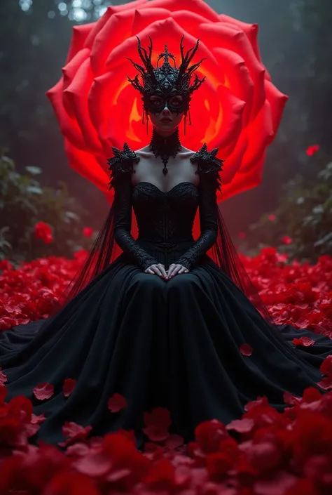 A queen sitting in a big red rose glowing petal at night ,,wearing a black gown and a mask covering half of her face 