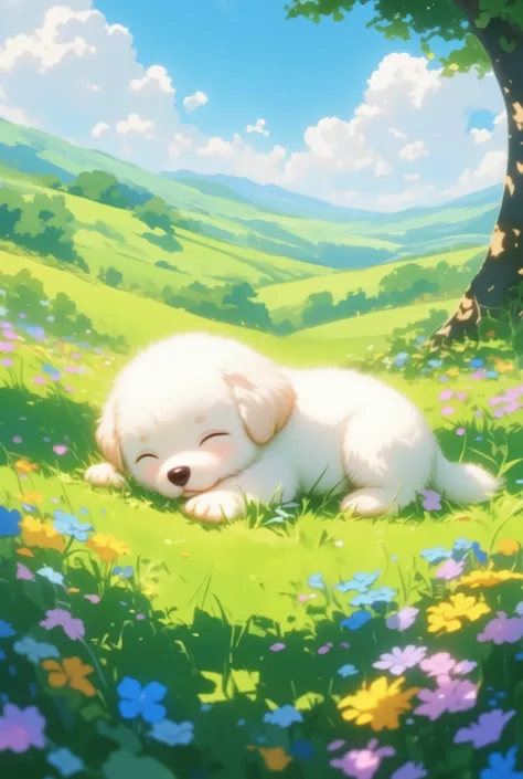 A white puppy is relaxing, lush green meadow filled with colorful wildflowers, a clear blue sky overhead, distant rolling hills, and a gentle breeze rustling the leaves.