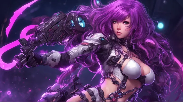 A cute woman (violet hair, violet eyes, sexy violet body suit extremely revealing, some electronic components on the suit with lit displays, laser pistol, chain sword (chain saw bladed sword makes a real bloody mess of foes)), role of space pirate captain,...