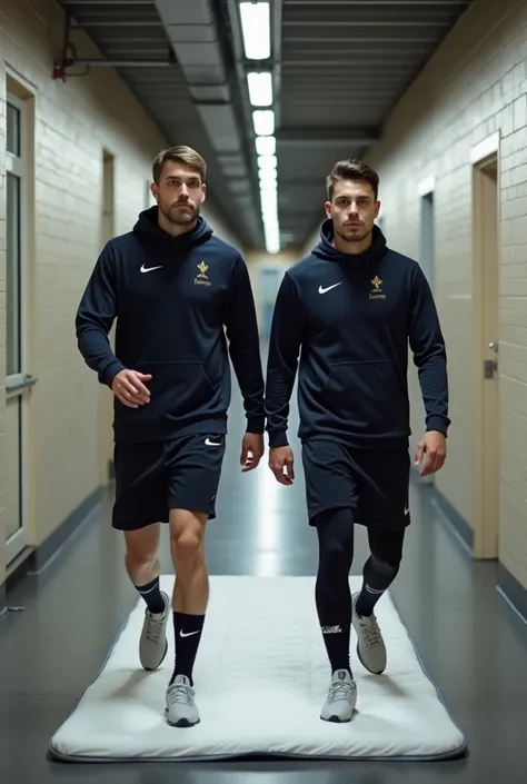 Dans un couloir, des jeunes hommes sportifs en survêtement, casquette et Nike boueuses, de dos, marchent et piétinent un draps matelas jeté sur un matelas sous leurs pieds. Les pieds sur le matelas plein de boue.