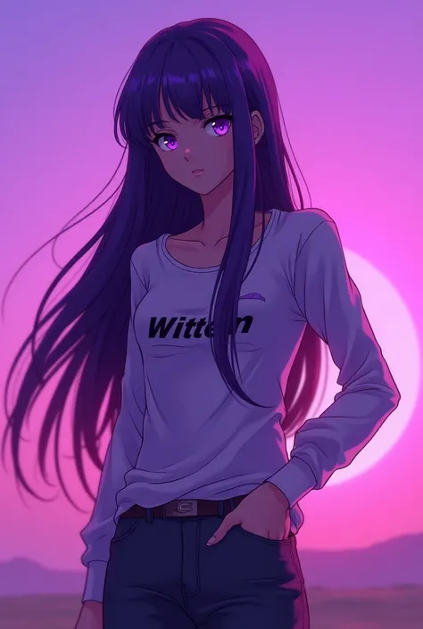  her T-shirt Witten SOUL- ANA A Purple futuristic neon purple background (wide bangs:1.1), (drawing:1.3), (anime style:1.5), (accurate:1.8), ((upper body1.7)), (details:1.8), (motion blur:1.4), ((tall woman:1.1)), (cowboy shot:1.3), (slim arms:1.1), very h...