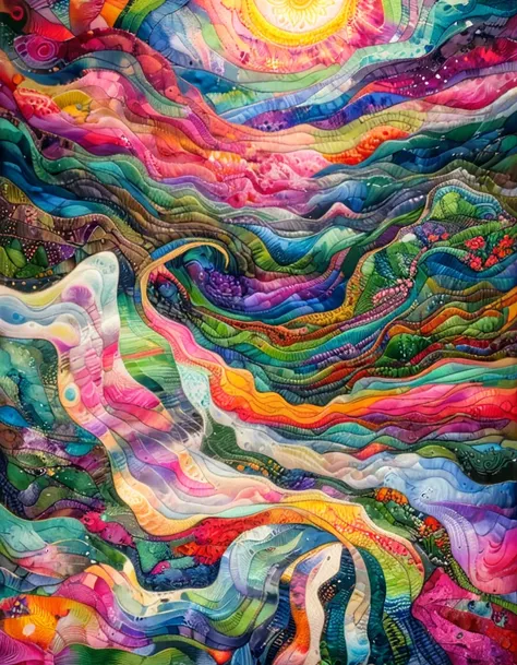 Top quality, high resolution, best composition, art quilt, Nishijin-ori style, painting with river and mountains in background, detailed dreamscape, psychedelic landscape, whimsical and psychedelic, colorful and rich in detail, very intricate and colorful,...