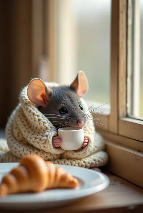 Subject: A small, gray mouse wrapped in a cream-colored blanket.
Scene: Sitting near a wooden table by a window.  Warm ambiance light.
Props: The mouse holds a tiny white teacup, and a plate with a croissant is visible nearby.
Environment: Knitted tableclo...