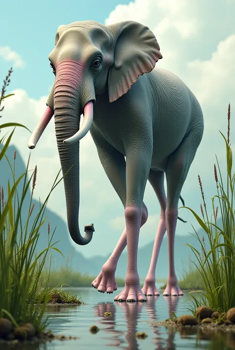 A hybrid—a towering elephant with long flamingo legs and a pinkish hue—walking through the same marsh