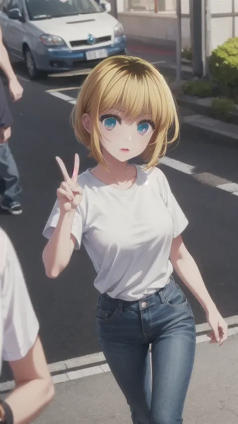 ((velocity)),(Memcho from Oshi no Ko),(blue eyes),(blonde hair, velocity),(aged up),(a female),(wearing white t-shirt and blue jeans),(facing the screen posing),(peace sign with left hand),(anime girl),(Tokyo streets), (masterpiece:1.2、top-quality, best-qu...