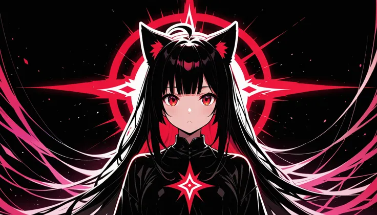  ((1 Cat Girl)) cat ears ((black long hair, Ahoge, straight bangs,)), Long black hair, ((beautiful red eyes)), limited palette , Black background,colorful,vibrant, shiny outline ,neon,Blacklight,any pose, dynamic, Behavior