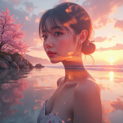  High Quality 、 8K ultra HD、女神のシルエットとサンセットコーストを組み合わせた美しい Double Exposure 、 the sunset coast acts as a background、 and its details have been captured by the goddess、Crisp lines、The background is monochrome、 sharp focus 、 Double Exposure 、By yukisakura、 Amaz...