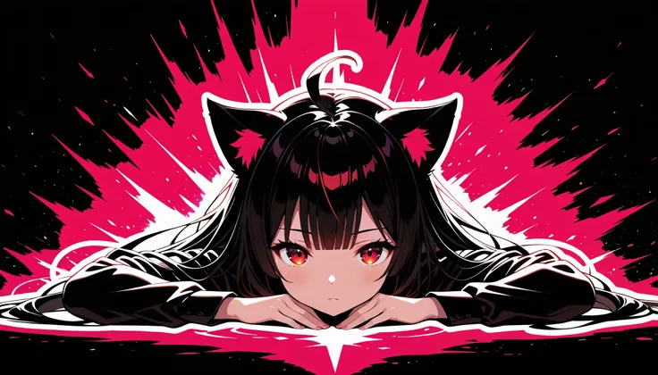  ((1 Cat Girl)) cat ears ((black long hair, Ahoge, straight bangs,)), Long black hair, ((beautiful red eyes)), limited palette , Black background,colorful,vibrant, shiny outline ,neon,Blacklight,any pose, dynamic, Behavior