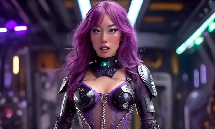 A cute woman (violet hair, violet eyes, sexy violet body suit extremely revealing, some electronic components on the suit with lit displays, laser pistol, chain sword (chain saw bladed sword makes a real bloody mess of foes)), role of space pirate captain,...