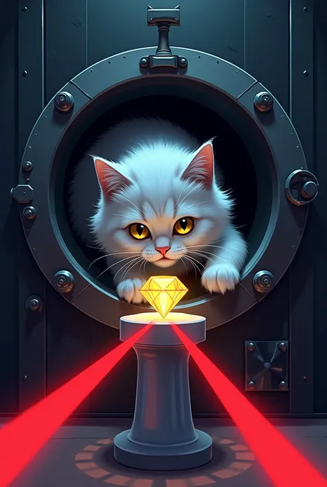 "Illustrate a stealthy Persian cat, Snowball, gracefully slipping through a narrow vent into a high-security vault. The glowing Nine Lives Diamond rests on a pedestal, illuminated by a beam of moonlight. The room is filled with red laser beams crisscrossin...