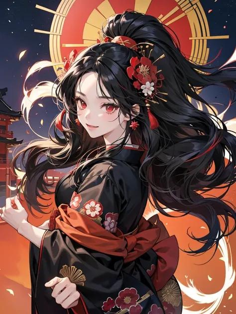 anime girl, red eyes, long black hair, wavy long hair. wear black kimono. Background at a Japanese festival at night. she wears hair flowers ornaments. she  at festival. she dancing. happy. joyful. so beautiful