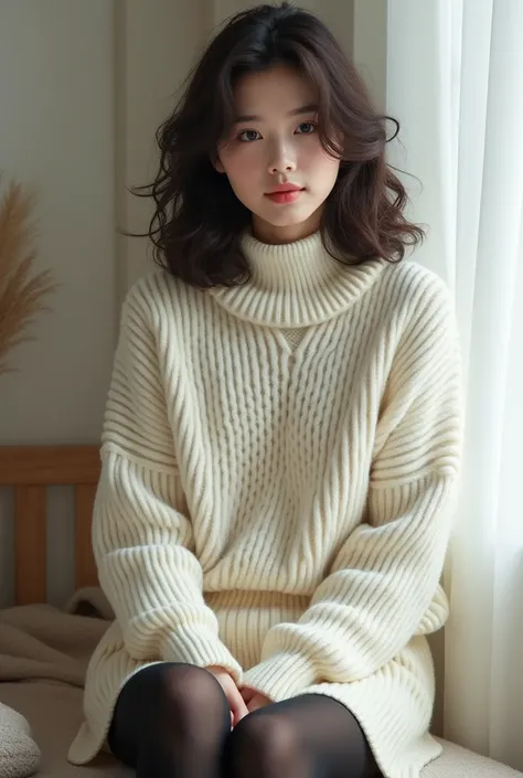 A curly-haired oriental girl ，Wear a white knit sweater and a white knit skirt，Wearing Black Stockings