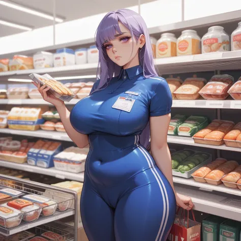 1 girl, work in a supermarket, big breasts and butt, thick thighs and a slightly plump belly, long hair, purple eyes, super tight shop uniform, dimly lit supermarket, she looks a little messy and tired.