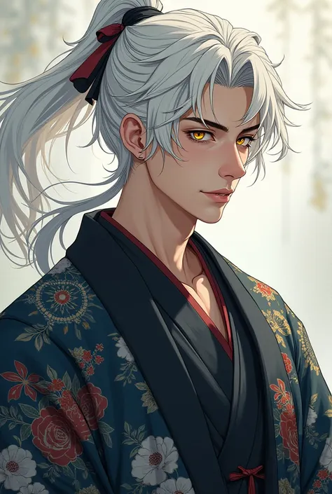 Ninja boy, unmasked , handsome, 26 years old,  white hair, with yellow eyes, with kimono