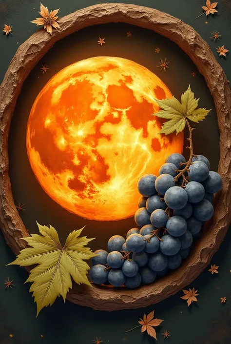 A brown circle with an orange moon with a grape leaf on the lower left inside. Eayllwl STOR is written inside the moon