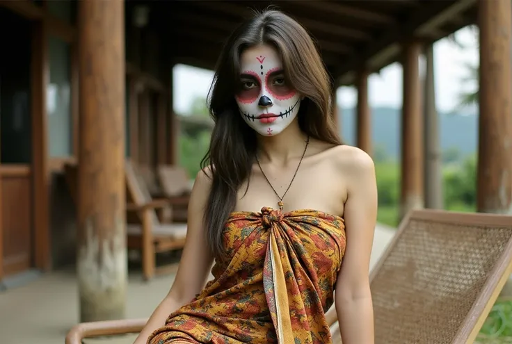 Wide aspect ratio, realistic photo of a young japanese woman with sugar skull face mask, wavy long brown hair, wearing Sarong dress. sagging breast, cleavage, She is leaning on a wooden chaise lounge on the veranda of a village wooden house, serious expres...