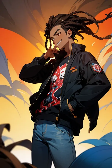 Black man, dreads, black jacket, jeans, brown eyes,  smirking,  chill, front view