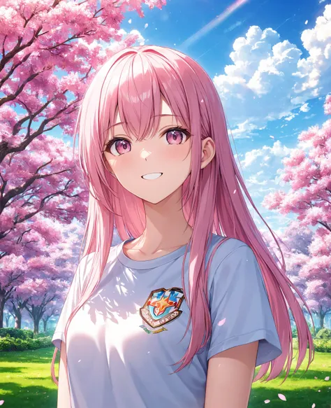 1girl, solo, Pink Shine Bright Hair, hair between eyes, Long hair, ponytail, aesthetic detailed eyes, (Pink shiny Bright Eyes), bright pink eyes, looking at viewer,(pale cheeks), (skin colored cheeks), Mesmerise, Little smile, closed mouth, small breasts, ...