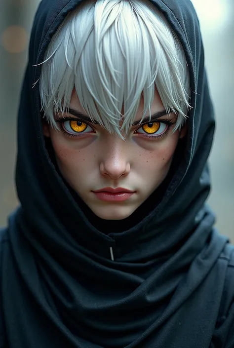 Ninja boy, unmasked , handsome,  of 23 years,  white hair, with yellow eyes, with a serious face