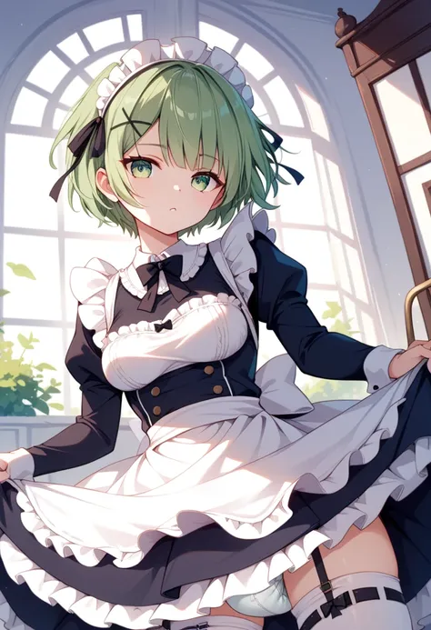 whole body　Diapers　Rem_(:zero)　green_eyes,hair_End_One_eye, short_hair,green_hair,hair_ribbon,carriage_Mansion_Maid_uniform,