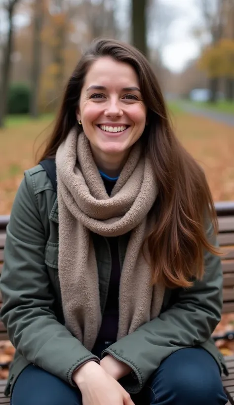 A happy 35-year-old woman with long brown hair, sitting on a park bench, wearing a casual jacket and scarf.