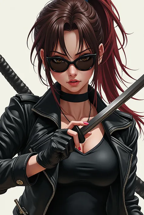 An anime woman who wear black leather jacket,has brown hair with died red hair,wear sunglasses and hold katanas and wear gloves 