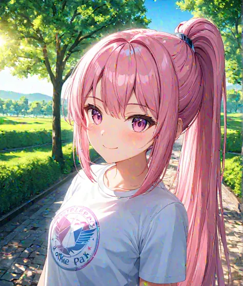 1girl, solo, Pink Shine Bright Hair, hair between eyes, Long hair, ponytail, aesthetic detailed eyes, (Pink shiny Bright Eyes), bright pink eyes, looking at viewer,(pale cheeks), (skin colored cheeks), Mesmerise, Little smile, closed mouth, small breasts, ...