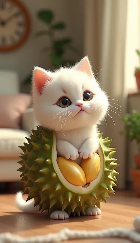  A white fluffy kitten wearing a durian costume is standing. Like chatting .  The background is in the living room of a cozy house  