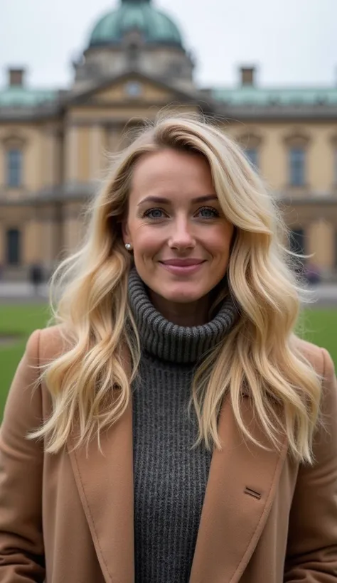 A radiant 37-year-old woman with wavy blonde hair, posing in front of a historic building, wearing a turtleneck sweater and coat.