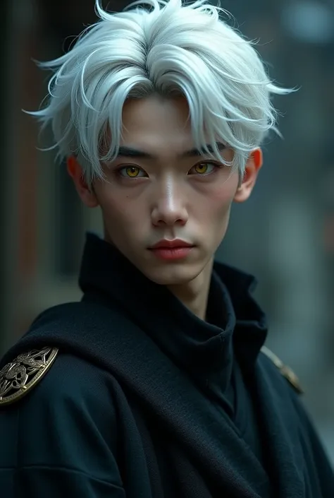 Ninja boy, unmasked , handsome,  of 23 years,  white hair, with yellow eyes