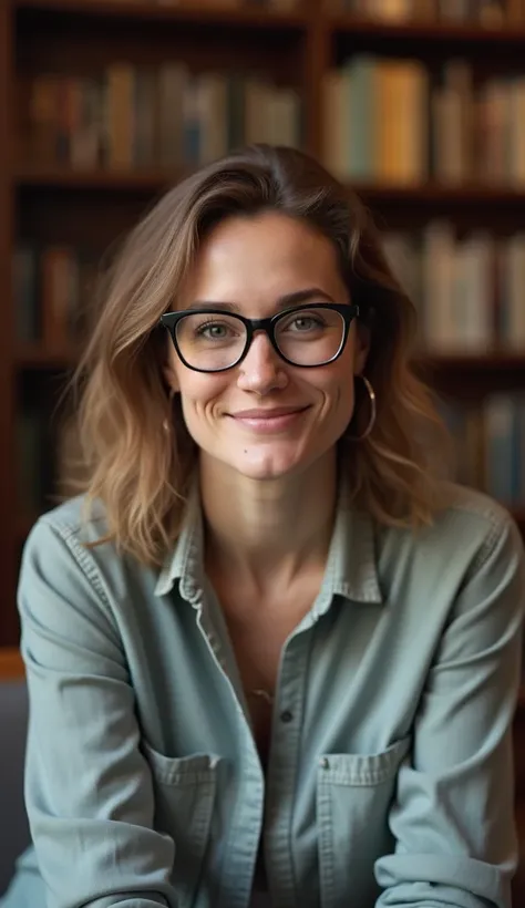 A casual-looking 38-year-old woman with glasses, sitting in a cozy library, wearing a long-sleeved shirt.