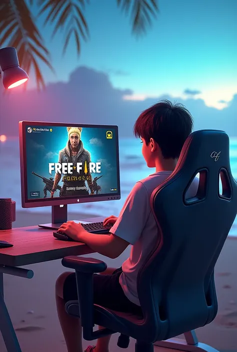 Give me a picture a person playing game I computer and computer have free fire logo and bunny bundle of free fire at the beach of gaming chair a name is write MM Veer