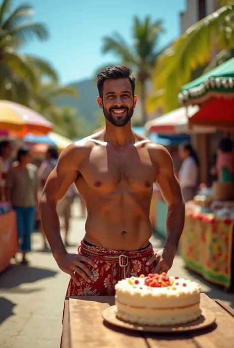 A shirtless man with a toned physique stands confidently next to a rustic wooden table, which holds an elegantly decorated cake. The setting is a vibrant outdoor market, bustling with activity. The man, with a warm smile, is wearing traditional silk kurta ...