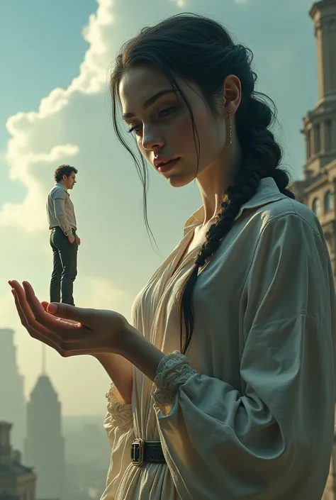 A giant woman holding a shrunken man in his hand wearing modern 8k clothes