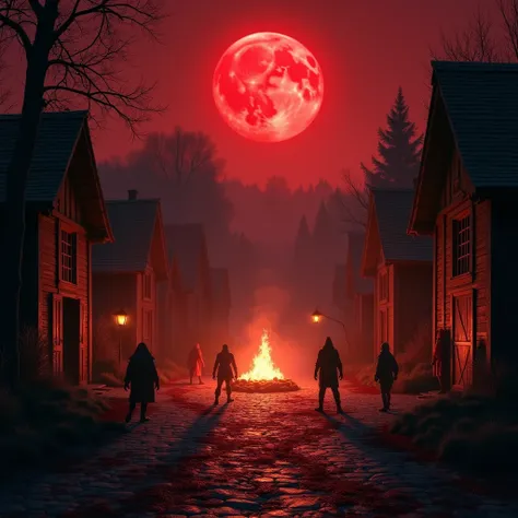 A hyper-detailed 4K full HD scene of a medieval village under siege by werewolves, illuminated by a deep red moon. The village is surrounded by dark, misty woods. The cobblestone streets are splattered with blood, and claw marks are etched into the wooden ...