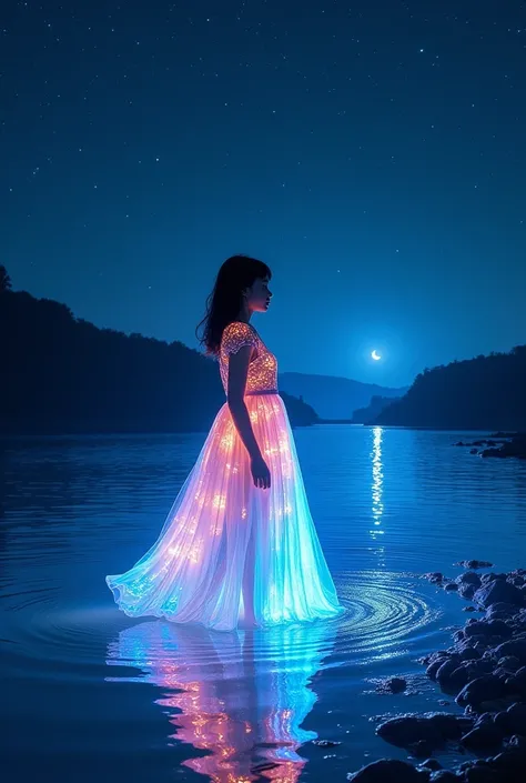 Masterpiece of photography,Long shot, wide angle, Young charming girl with long fluorescent fluorescent dress, standing in the River of Time, The River Conciseness of Fiber-Optic Light Painting,  starry night 