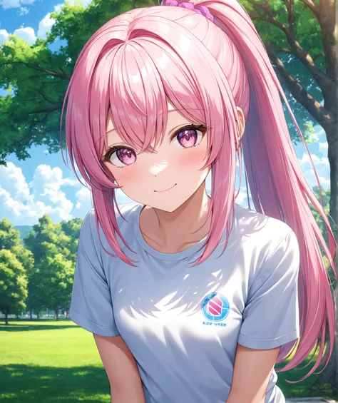 1girl, solo, Pink Shine Bright Hair, hair between eyes, Long hair, ponytail, aesthetic detailed eyes, (Pink shiny Bright Eyes), bright pink eyes, looking at viewer,(pale cheeks), (skin colored cheeks), Mesmerise, Little smile, closed mouth, small breasts, ...