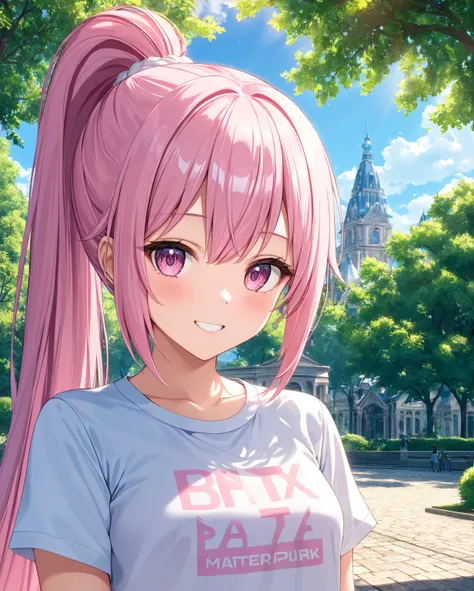 1girl, solo, Pink Shine Bright Hair, hair between eyes, Long hair, ponytail, aesthetic detailed eyes, (Pink shiny Bright Eyes), bright pink eyes, looking at viewer,(pale cheeks), (skin colored cheeks), Mesmerise, Little smile, closed mouth, small breasts, ...