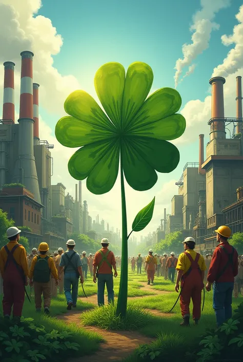 Image of a 4 leaf clover With a background of working class people working in factories and farmers 