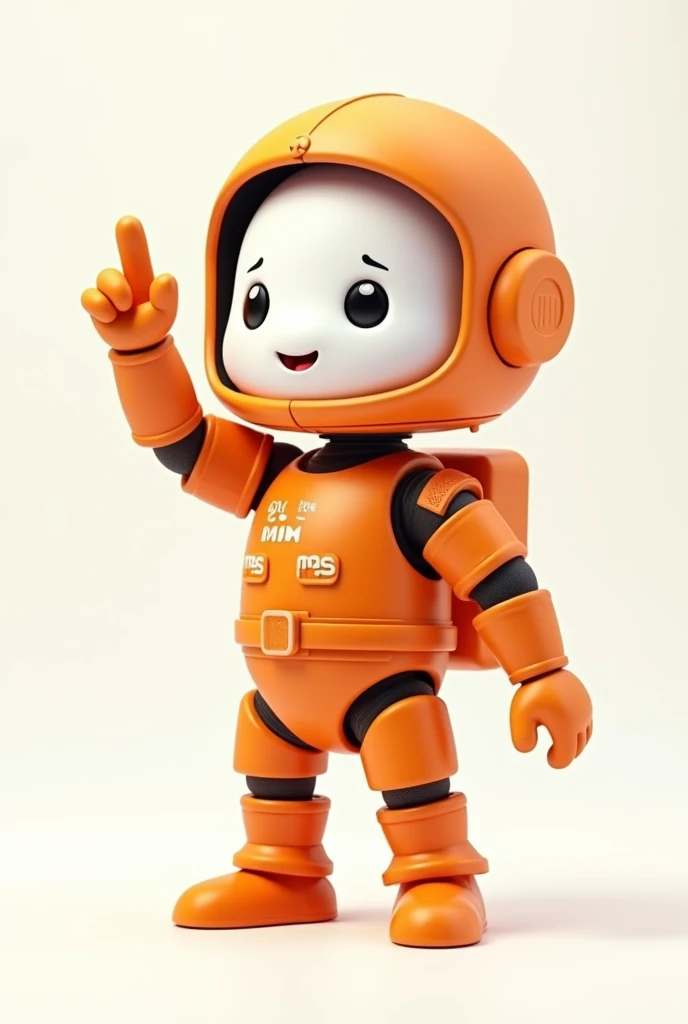 Design a small and cute stock market robot from the future, wearing a simple orange astronaut suit with the letters MAS on the helmet. The robots face is white, sparkling round eyes, cheerful and cute. The robot is standing in a pose with one hand raised a...