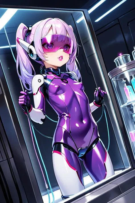 plastic hair, twintails, full lips, lip filler, lipstick, (loli:1), (shiny pink and purple metallic  robot body:1), coloured trim, robot ears covers, (small breasts:1), standing inside a transparent glass box, lab, eye shadow, crotch plate, science fiction...