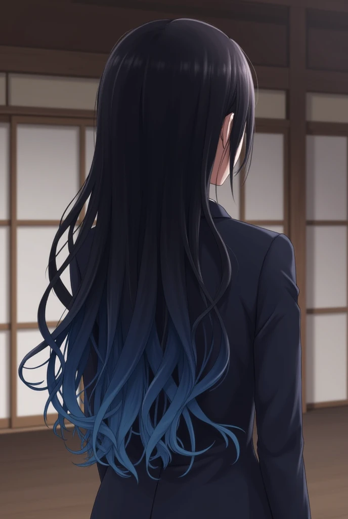 a girl with long, wavy black hair with blue tips. She is dressed in a dark suit and finds herself in a setting that appears to be a traditional Japanese room, with wooden walls and sliding paper doors. The lighting is soft, creating a calm and serene atmos...