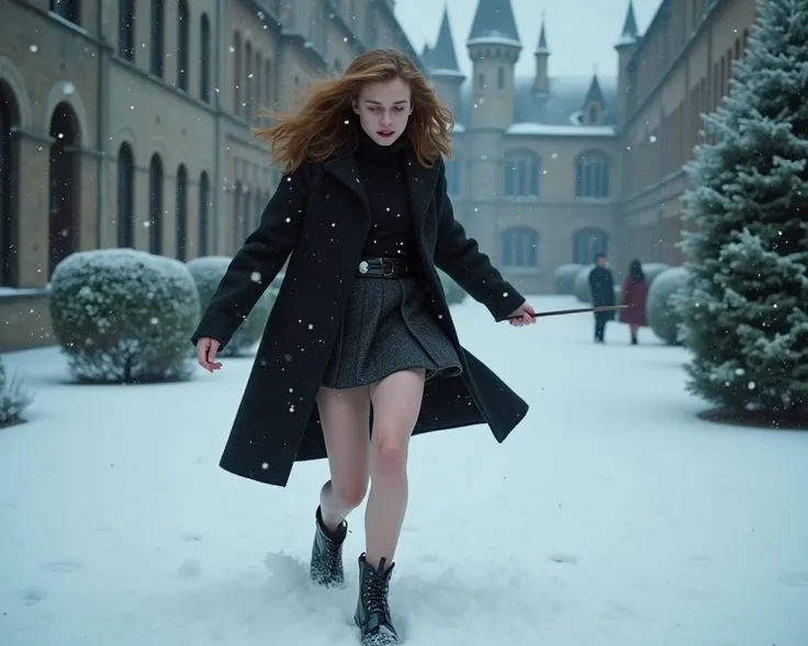 Emma Watson, Hermione Granger, adult, dark lord Voldemort uses winter spell attack at Hermiones legs, hermione is facing voldemort but cannot match his ultimate power, woolen mini skirt, bare legs, griffindor coat, turtleneck, high heels, hogwarts castle g...