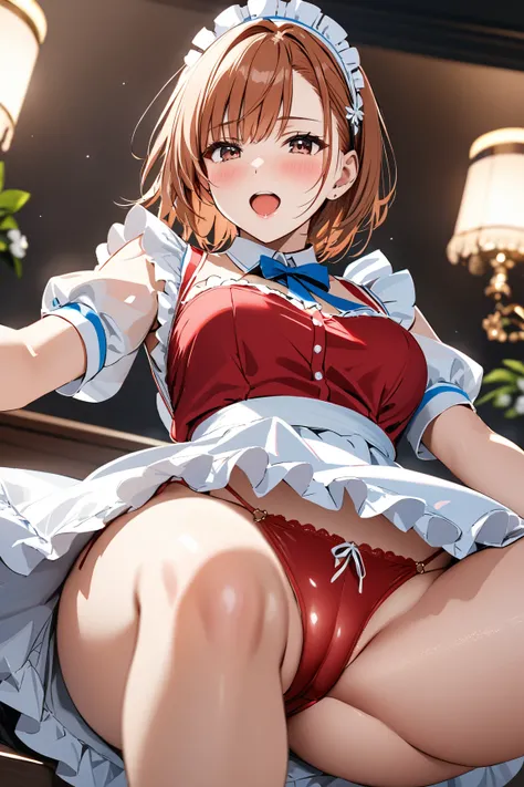  maid clothes, blush, Ecstasy face,  red underwear,  low angle,  open leg , (Misaka Mikoto), masterpiece:1.5, masterpiece, highest quality, UHD, retina, masterpiece, accurate anatomy, super detailed, high quality, best quality, 8k